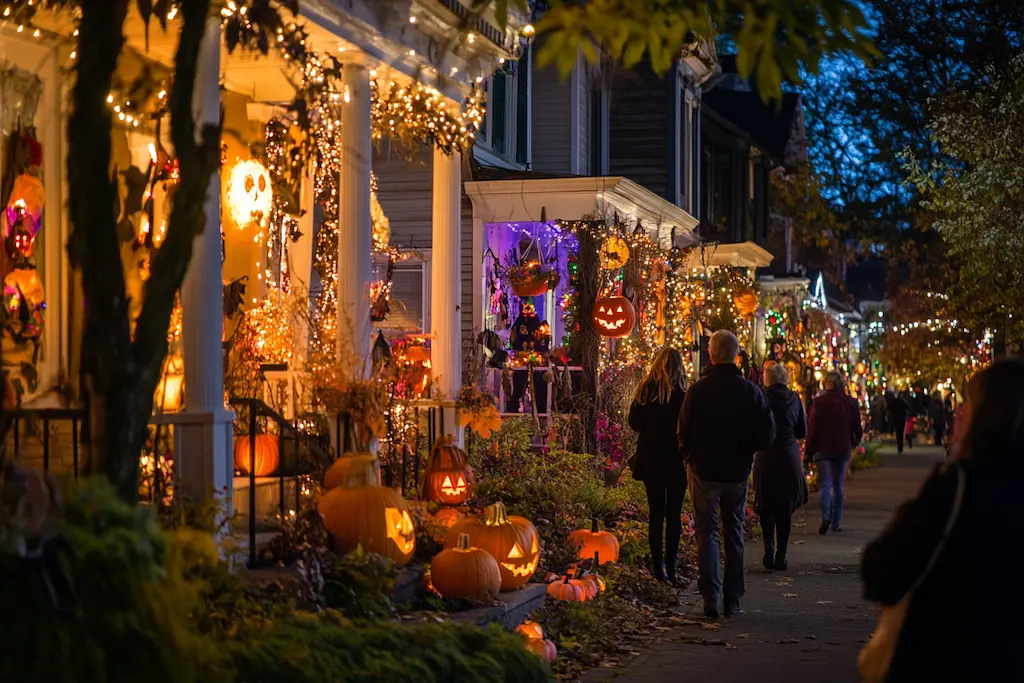 People strolling past decorated porches