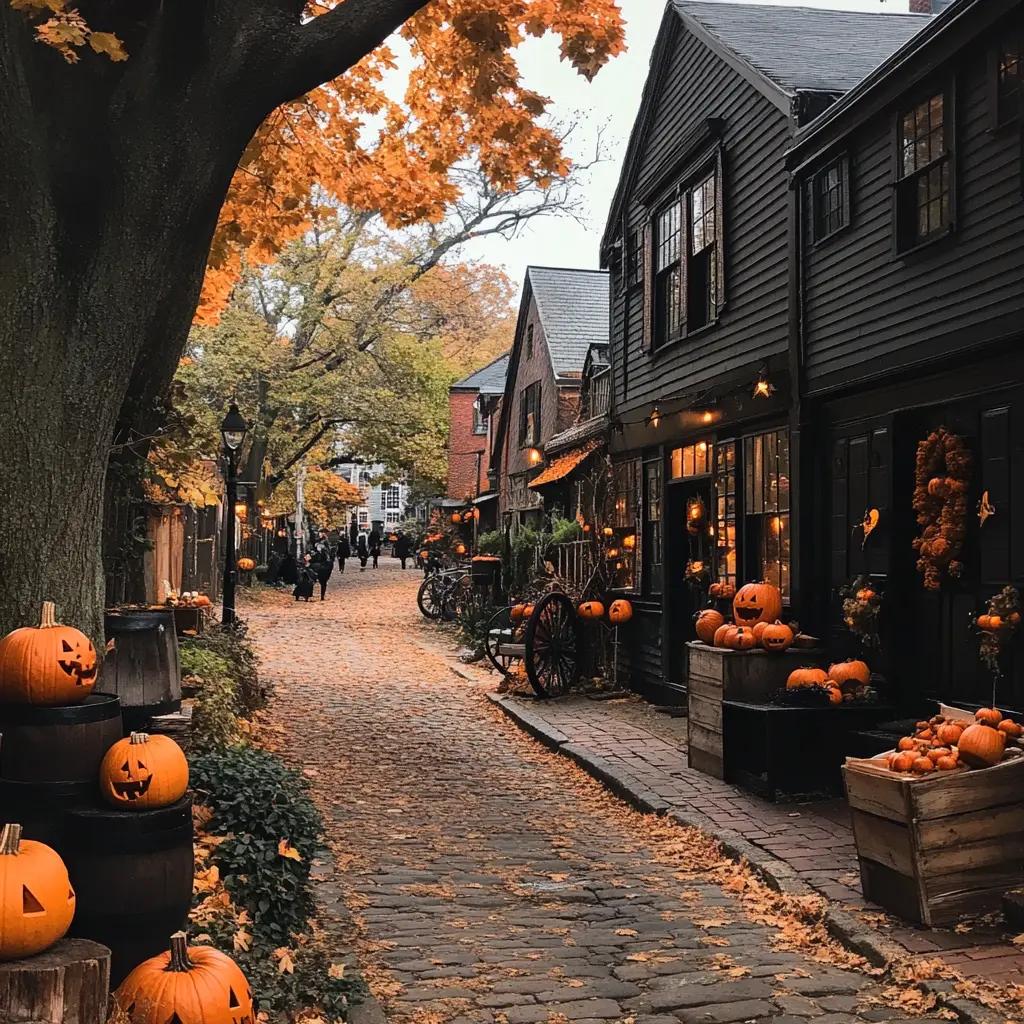 A lively street view of Salem, Massachusetts, adorned with festive Halloween decorations. Jack-o'-lanterns and cobweb-covered storefronts create a haunted Halloween atmosphere in Salem's historic downtown. Perfect for capturing the spirit of "Haunted Halloween in Salem.