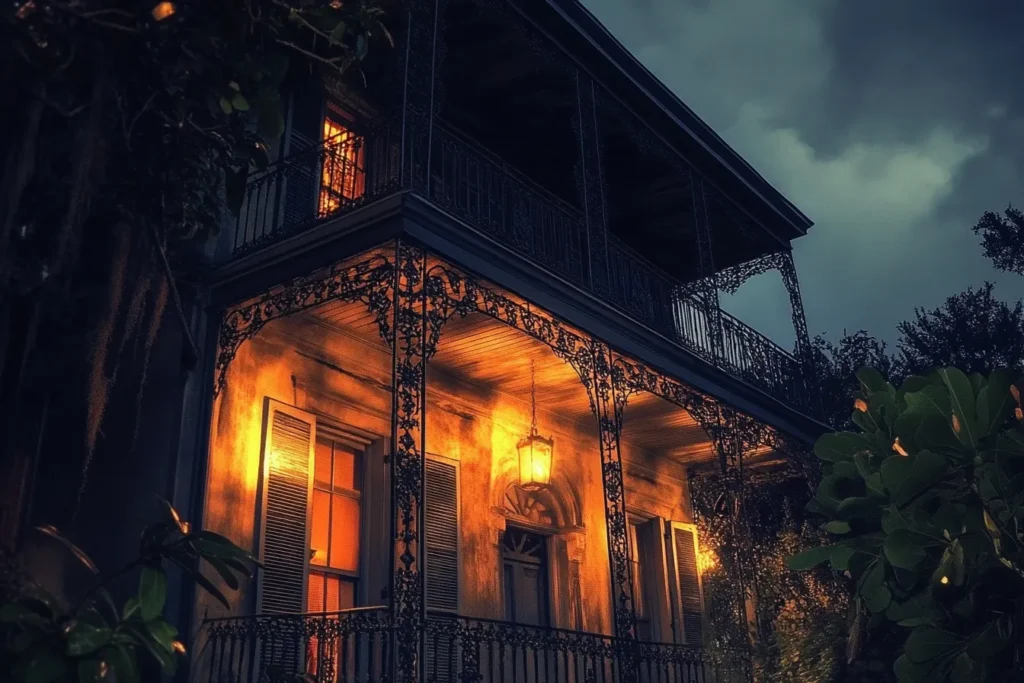 Gaslit haunted mansion in New Orleans.