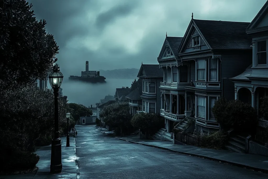 View of Alcatraz from the haunted Victorian lined streets of San Francisco.