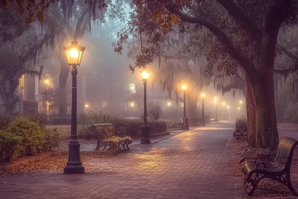 Spanish moss draped square in haunted Savannah